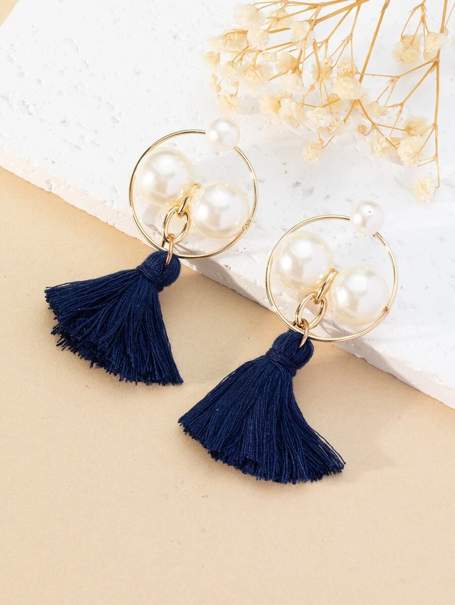 Faux Pearl Decor Tassel Drop Earrings - Multicolor - View 1