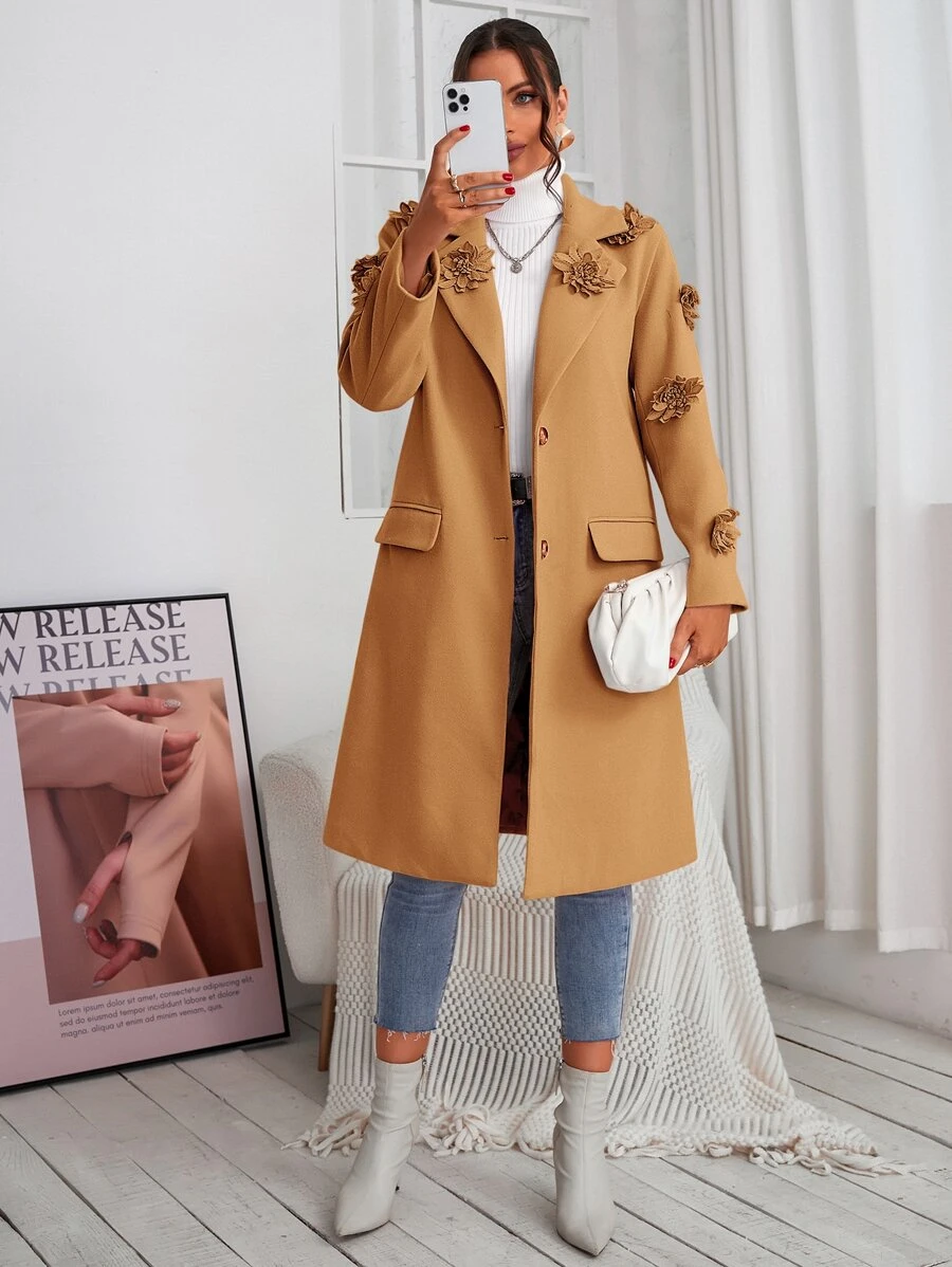 Stereo Flower Flap Pocket Overcoat - Brown - View 1