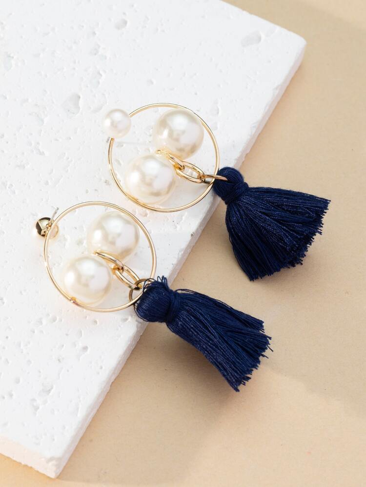 Faux Pearl Decor Tassel Drop Earrings - Multicolor - View 2