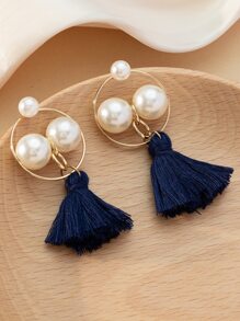 Faux Pearl Decor Tassel Drop Earrings - Multicolor - View 4