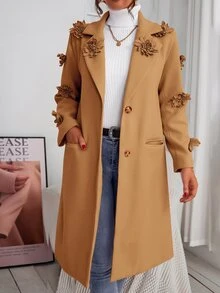 Stereo Flower Flap Pocket Overcoat - Brown - View 3