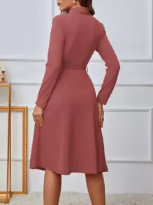 Chiquease 披肩领褶边系腰带连衣裙长款女装 - 粉色 - 查看 2