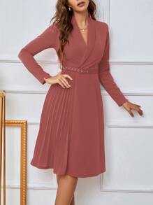 Chiquease 披肩领褶边系腰带连衣裙长款女装 - 粉色 - 查看 3