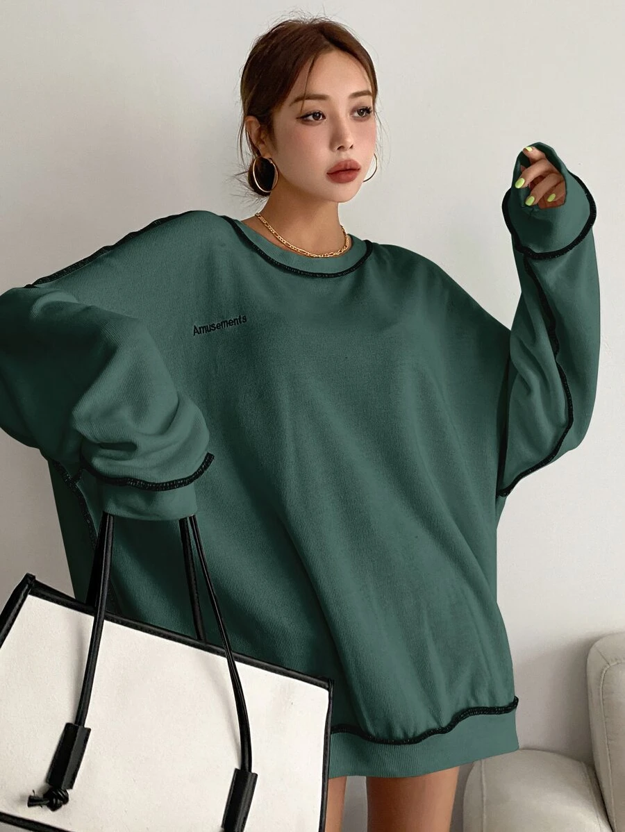 DAZY Letter Embroidery Top-stitching Drop Shoulder Oversized Sweatshirt - Dark Green - View 1