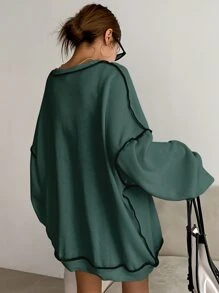 DAZY Letter Embroidery Top-stitching Drop Shoulder Oversized Sweatshirt - Dark Green - View 2