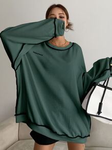 DAZY Letter Embroidery Top-stitching Drop Shoulder Oversized Sweatshirt - Dark Green - View 3