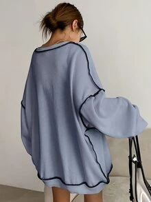 DAZY Letter Embroidery Top-stitching Drop Shoulder Oversized Sweatshirt - Blue - View 2