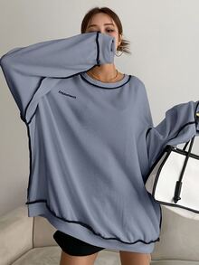 DAZY Letter Embroidery Top-stitching Drop Shoulder Oversized Sweatshirt - Blue - View 3
