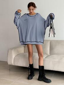 DAZY Letter Embroidery Top-stitching Drop Shoulder Oversized Sweatshirt - Blue - View 4