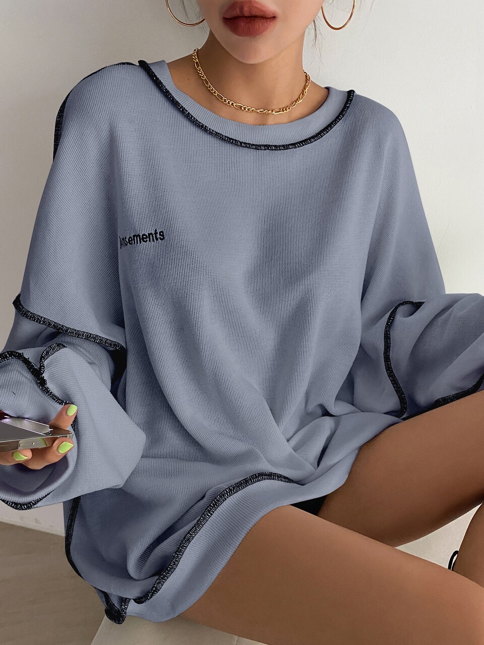Letter Embroidery Top-stitching Drop Shoulder Oversized Sweatshirt