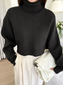 DAZY Turtleneck Batwing Sleeve Crop Sweater,Long Sleeve Tops,Fall Women Clothes - Black - View 3