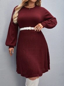 SHEIN LUNE Plus Solid Rib-knit Jumper Dress - Maroon - View 2