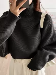 DAZY Turtleneck Batwing Sleeve Crop Sweater,Long Sleeve Tops,Fall Women Clothes - Black - View 5