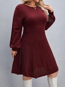 SHEIN LUNE Plus Solid Rib-knit Jumper Dress - Maroon - View 4