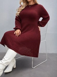 SHEIN LUNE Plus Solid Rib-knit Jumper Dress - Maroon - View 5