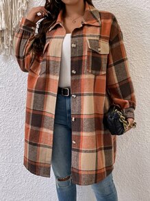 SHEIN LUNE Plus Plaid Print Drop Shoulder Coat Fall Winter Cloth For Women Autumn - Multicolor - View 3