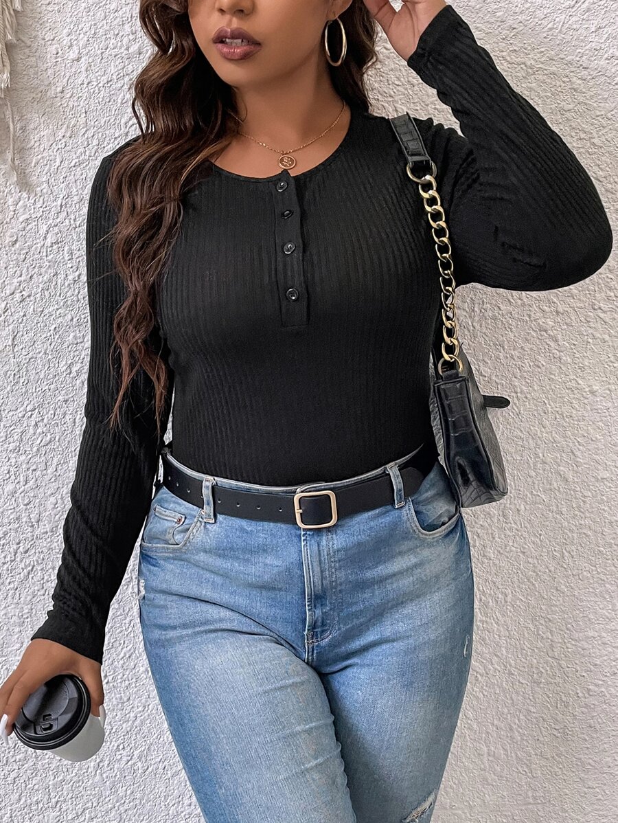 SHEIN Franclia Camiseta con botón - Negro - Ver 1