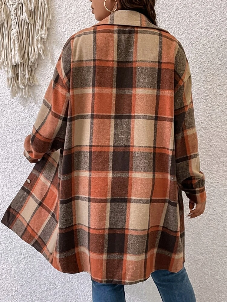 Plus Plaid Print Drop Shoulder Coat Fall Winter Cloth For Women Autumn