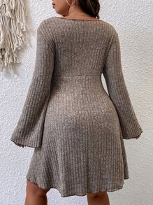 SHEIN LUNE Plus Knot Front Trumpet Sleeve Dress - Mocha Brown - View 2