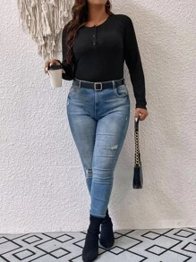 SHEIN Franclia Camiseta con botón - Negro - Ver 5