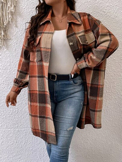 SHEIN LUNE Plus Plaid Print Drop Shoulder Coat Fall Winter Cloth For Women Autumn