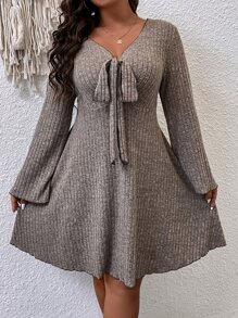 SHEIN LUNE Plus Knot Front Trumpet Sleeve Dress - Mocha Brown - View 5