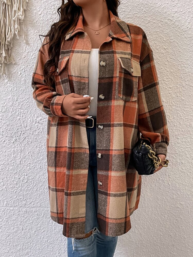Plus Plaid Print Drop Shoulder Coat Fall Winter Cloth For Women Autumn