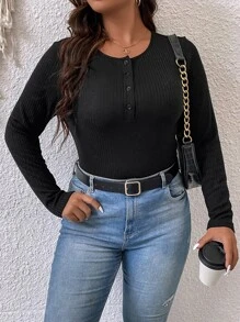 SHEIN Franclia Camiseta con botón - Negro - Ver 6