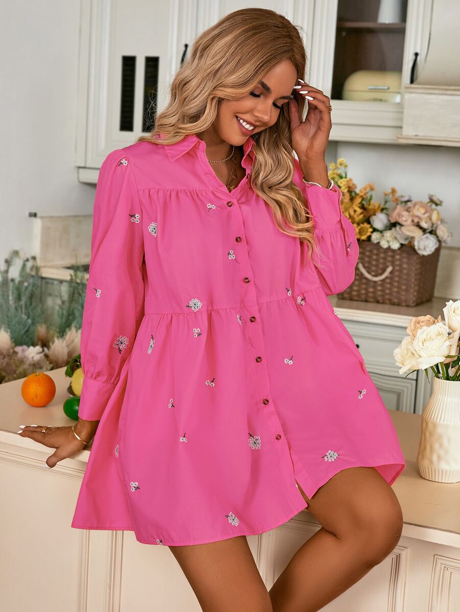 Aveloria Floral Embroidery Button Up Smock Dress - Hot Pink - View 1