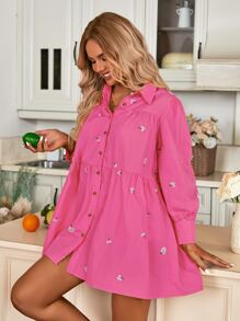 Aveloria Floral Embroidery Button Up Smock Dress - Hot Pink - View 3