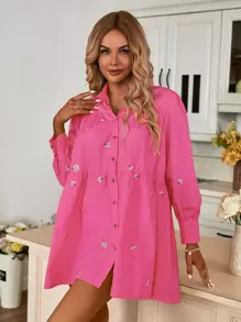 Aveloria Floral Embroidery Button Up Smock Dress - Hot Pink - View 4