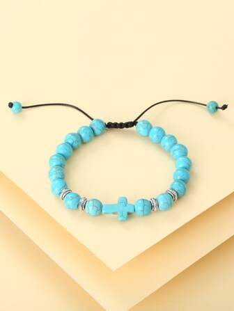 交叉裝飾綠松石色串珠手鏈