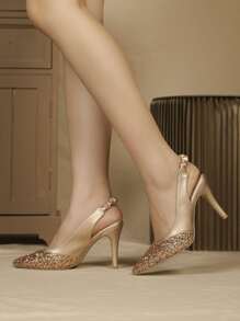 Metallic Point Toe Stiletto Heeled Sequin Slingback Pumps - Rose Gold - View 2
