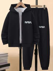 SHEIN Tween Boy 1pc Letter Graphic Hoodie & 1pc Sweatpants Chic Outfits For Autumn/Winter - Black - View 1