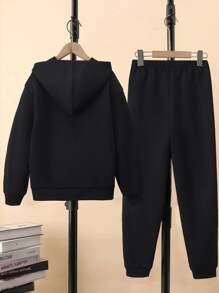 SHEIN Tween Boy 1pc Letter Graphic Hoodie & 1pc Sweatpants Chic Outfits For Autumn/Winter - Black - View 2