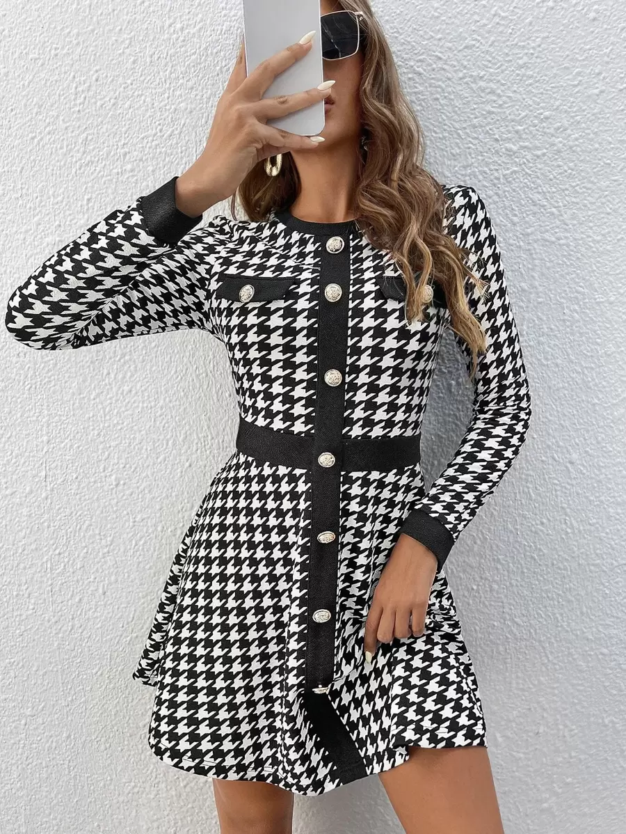 SHEIN Privé Kleid mit Hahnentritt Muster, Knopf vorne