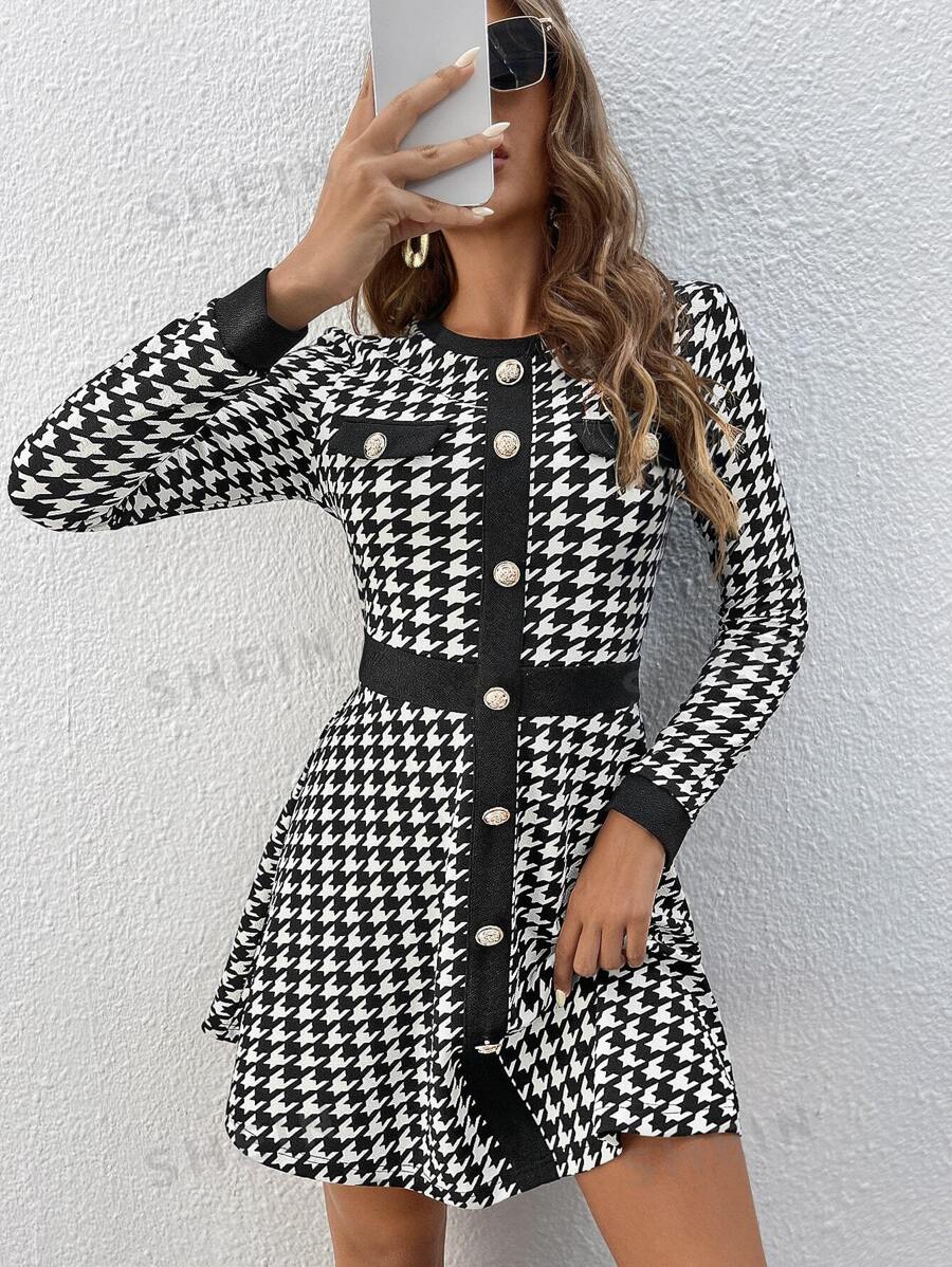 Shein Bizchic Women Black & White Houndstooth Print Bow Tie Shirt