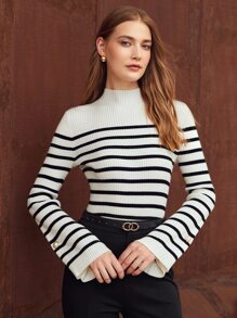 MOTF PREMIUM WOOL-MIX STRIPED BELL SLEEVE JUMPER - Black and White - View 2