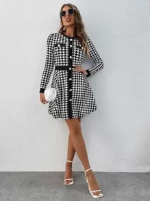 SHEIN Privé Kleid mit Hahnentritt Muster, Knopf vorne