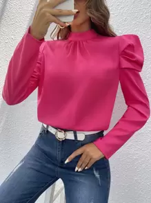 SHEIN Privé Keyhole Back Gigot Sleeve Blouse - Hot Pink - View 1