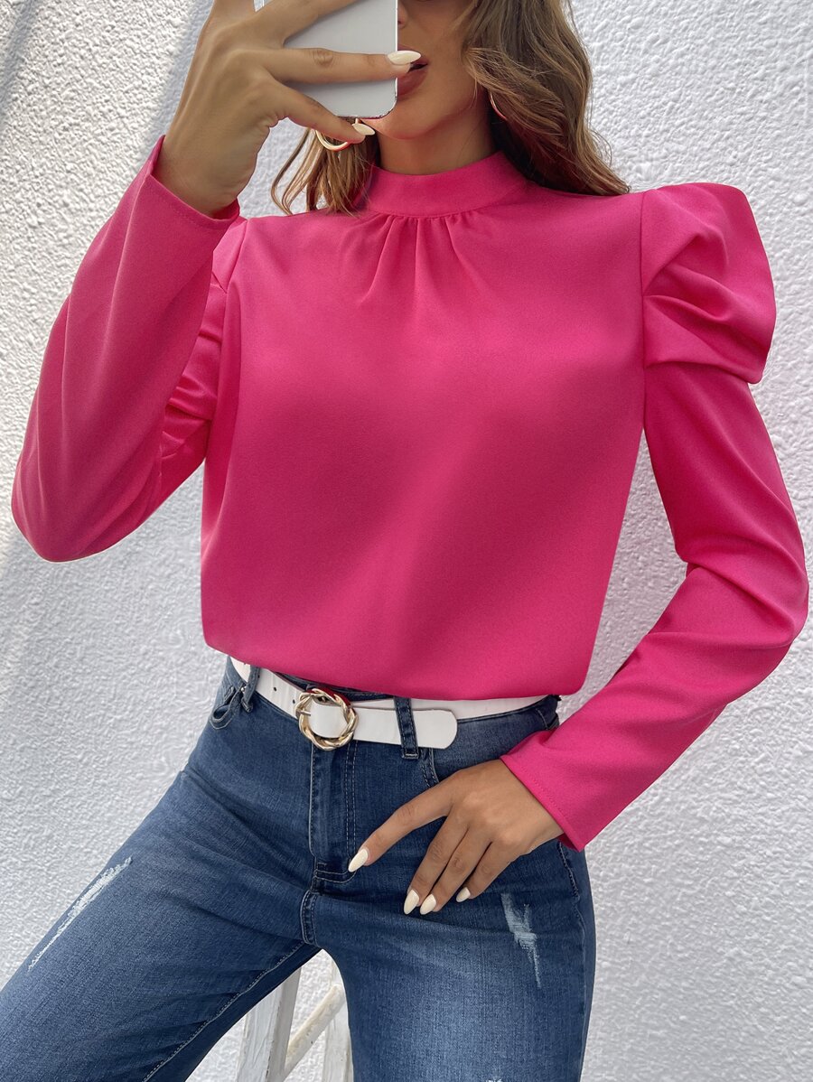 SHEIN Privé Áo sơ mi nữ màu trơn Thanh lịch - Màu Hồng Tươi - Xem 1