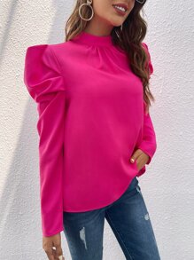 SHEIN Privé Keyhole Back Gigot Sleeve Blouse - Hot Pink - View 3