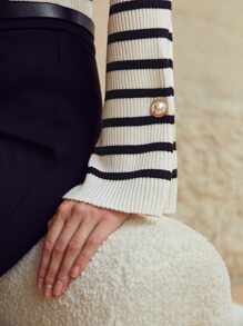 MOTF PREMIUM WOOL-MIX STRIPED BELL SLEEVE JUMPER - Black and White - View 4