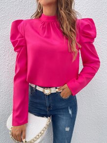 SHEIN Privé Keyhole Back Gigot Sleeve Blouse - Hot Pink - View 5