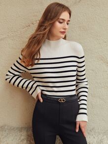 MOTF PREMIUM WOOL-MIX STRIPED BELL SLEEVE JUMPER - Black and White - View 5