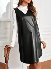 SHEIN Maternity Solid Tee & PU Leather Dress - Black and White - View 1