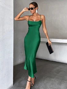 Aveloria Solid Tie Backless Cami Dress Holiday Party Birthday Formal Occassion Dress  - Dark Green - View 1