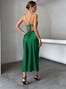 Aveloria Solid Tie Backless Cami Dress Holiday Party Birthday Formal Occassion Dress  - Dark Green - View 2