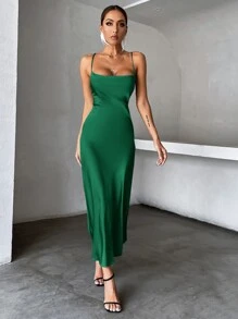 Aveloria Solid Tie Backless Cami Dress Holiday Party Birthday Formal Occassion Dress  - Dark Green - View 3