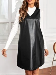 SHEIN Maternity Solid Tee & PU Leather Dress - Black and White - View 5